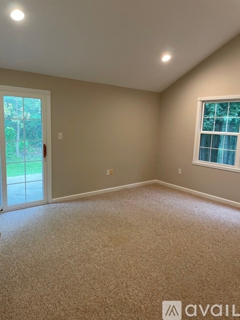 A room with a carpeted floor, a window with a blue curtain, and a door leading to a backyard.