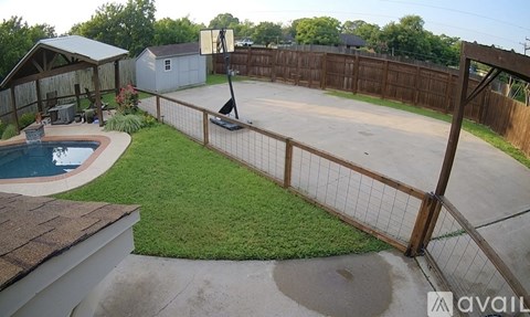 A backyard with a pool and a wooden fence.