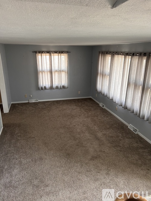 A room with carpeted floor and two windows with curtains.