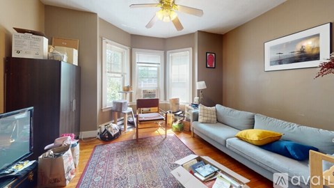 A living room with a couch, a television, and a ceiling fan.