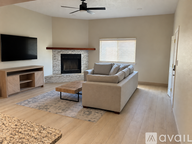 A living room with a fireplace and a television.