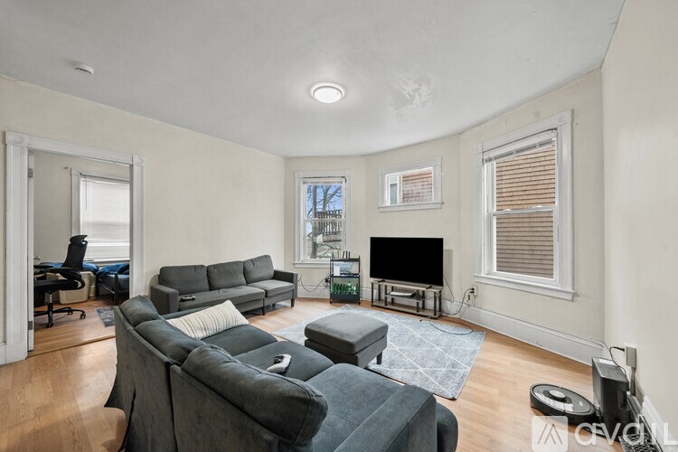 A living room with a grey couch and a television.