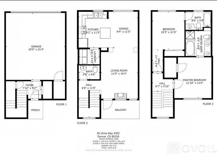 A floor plan for a three-story home with a garage, living room, dining room, kitchen, and bathrooms.