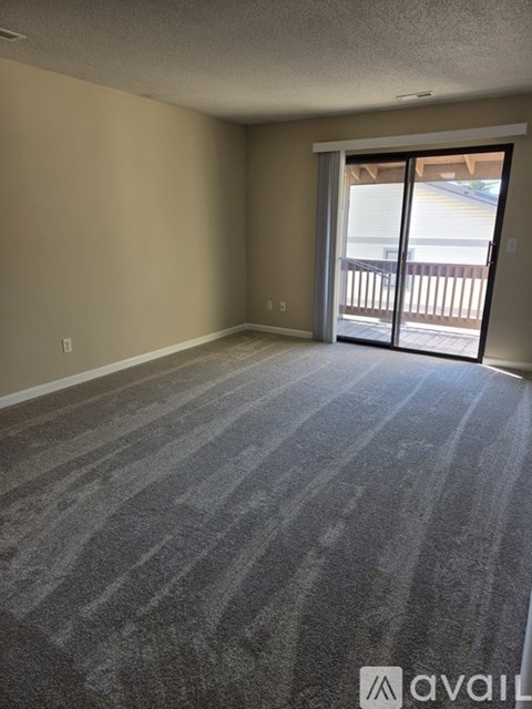 A room with a carpeted floor and a sliding glass door leading to a balcony.