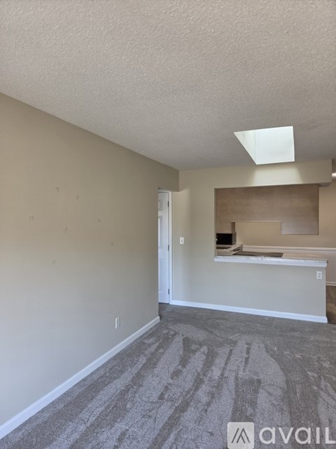 A room with a carpeted floor and a skylight.