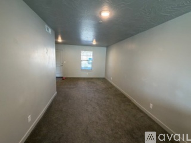 A room with a carpeted floor and a door in the background.