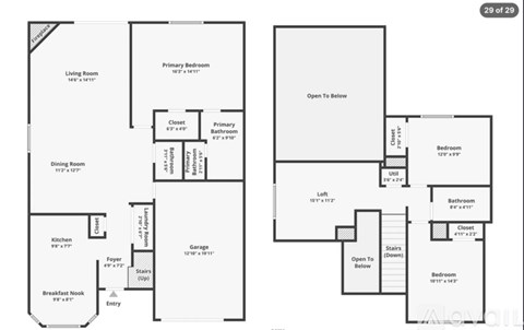 A floor plan of a two bedroom apartment with a living room, dining room, kitchen, and bathroom.