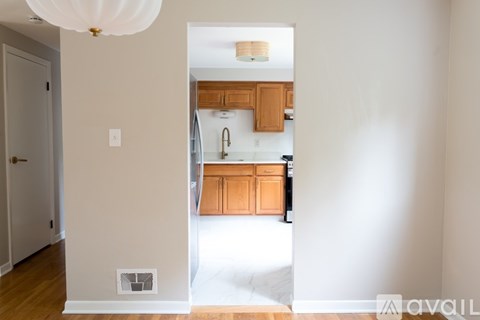 A kitchen with wooden cabinets and a white ceiling light.