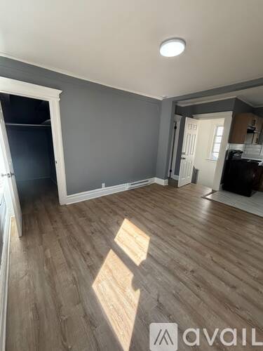 A room with wooden flooring and a white ceiling light.