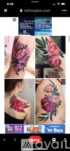 A series of images showing a person with a floral tattoo on their shoulder.