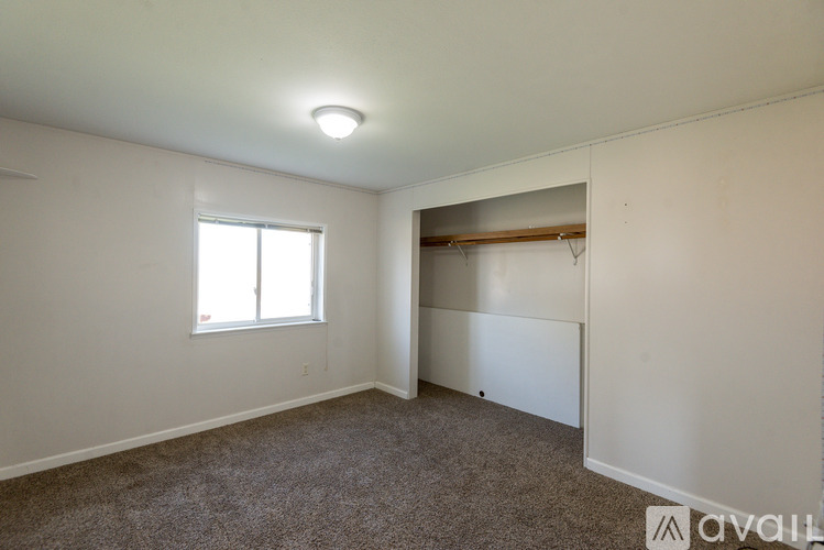 A room with a window and a closet.