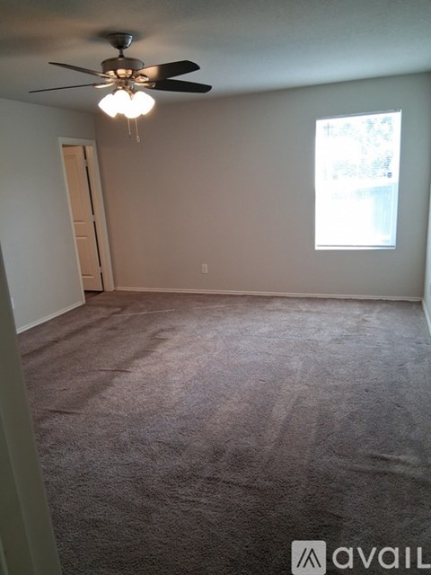 A room with a ceiling fan and carpeted floor.