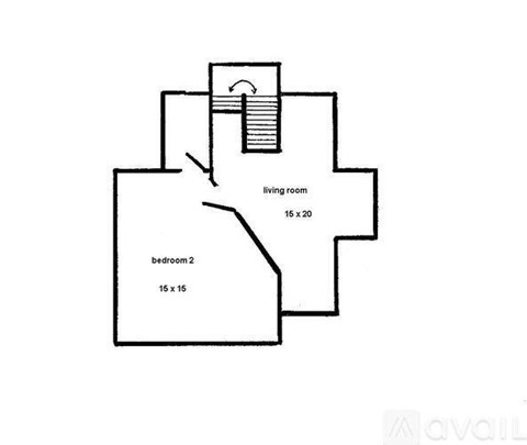 A drawing of a house with a living room, bedroom 2 and a staircase.