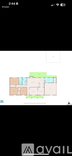 A floor plan of a building with multiple rooms and a kitchen area.