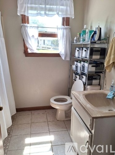 A bathroom with a toilet, sink, and a window with a view of a fence and trees.