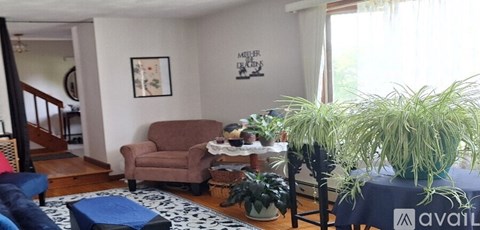 A living room with a couch, a chair, and a table with a plant on it.