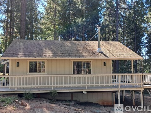 A house with a porch and a chimney is surrounded by trees.