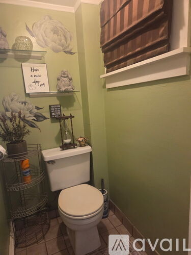A bathroom with green walls and a white toilet.