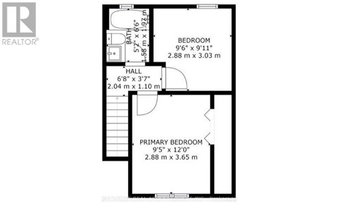A floor plan for a home with a primary bedroom, a hallway, and a larger bedroom.