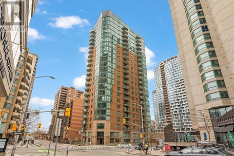 A tall building with many windows is in the middle of a city street.