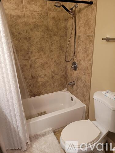 A white toilet sits next to a bathtub in a bathroom.