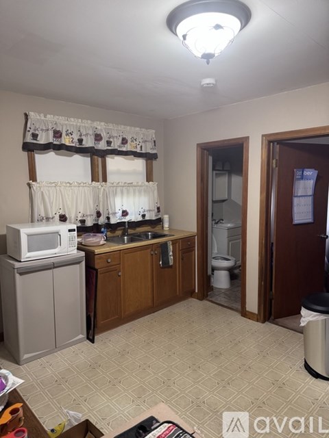 A kitchen with a microwave on top of a fridge and a sink.