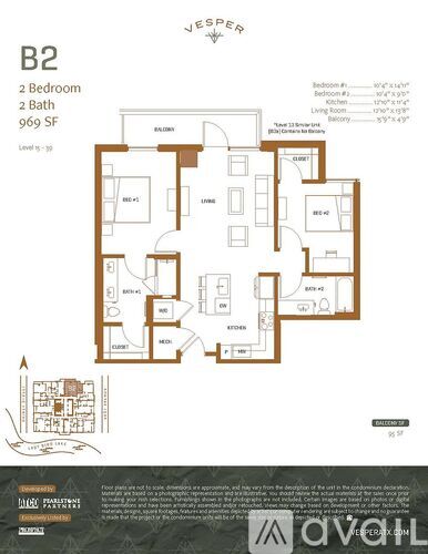 A floor plan for a 2 bedroom, 2 bath apartment at 969 SF.