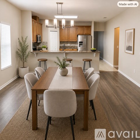 A modern dining room with a wooden table and chairs.