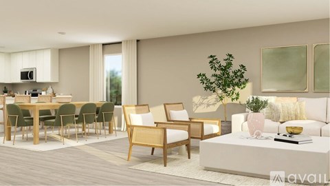 A modern living room with a dining table and chairs.