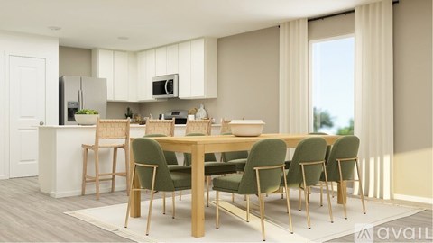 A modern dining room with a wooden table and chairs.