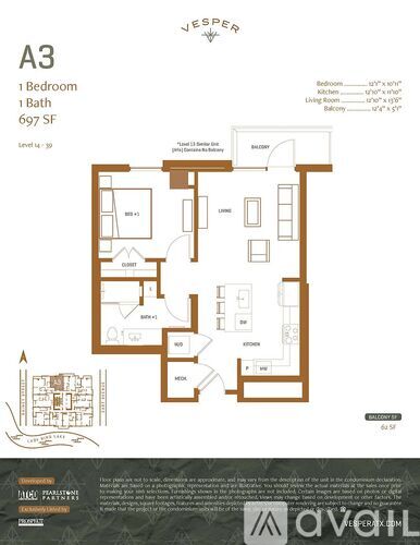 A floor plan for a property with one bedroom and one bath, totaling 697 square feet.