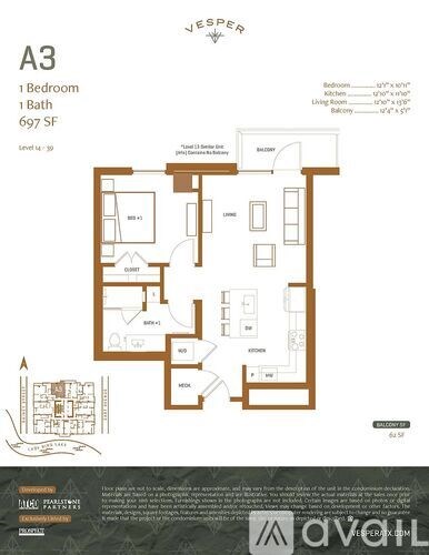 A floor plan for a property with one bedroom and one bath, totaling 697 square feet.