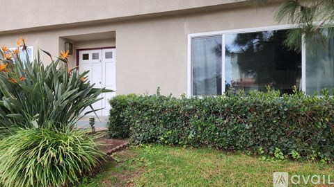 A house with a white door and a window with a view of trees.