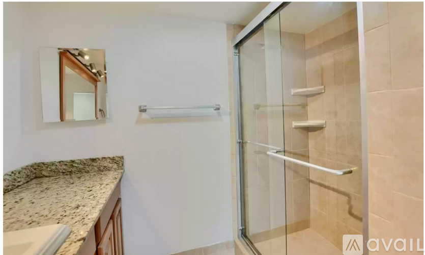 A bathroom with a marble countertop and a walk-in shower.