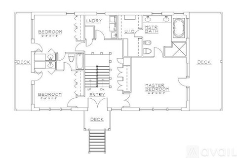 A floor plan of a house with two bedrooms, a master bedroom, a bathroom, a deck, and an entry.