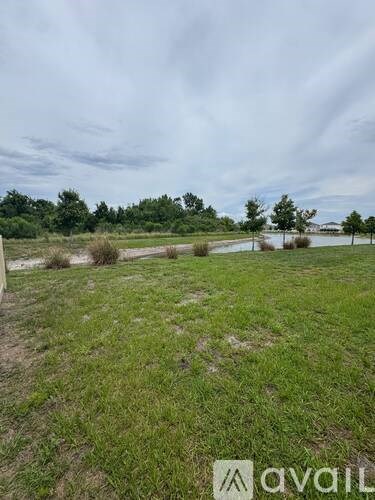 A grassy field with a cloudy sky in the distance.