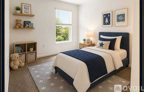 A bedroom with a large bed and a teddy bear on the floor.