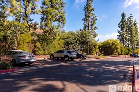 A parking lot with cars and trees in the background.