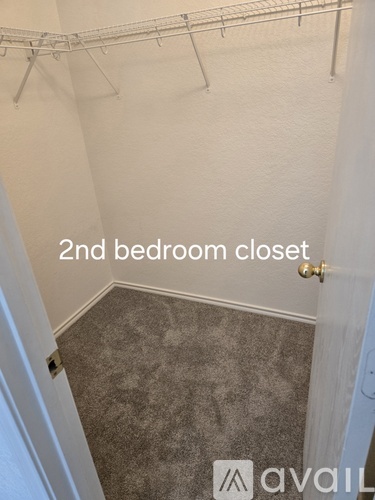 A second bedroom closet with a carpeted floor and a white door.