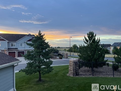 A sunset view of a neighborhood with houses and trees.