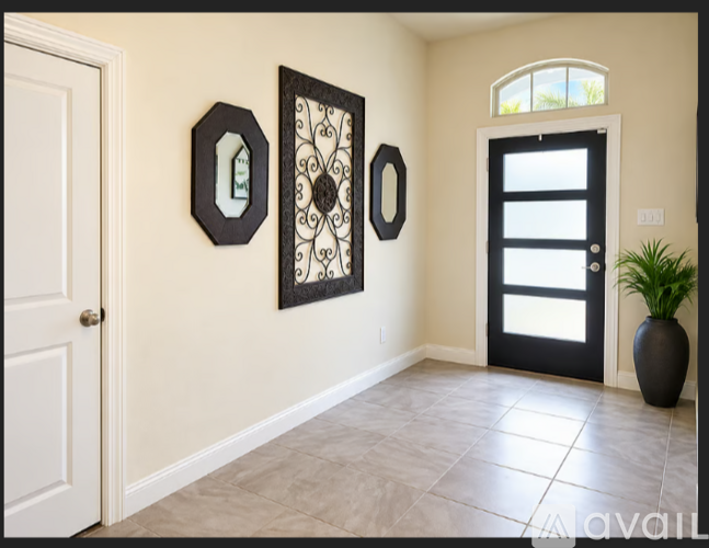 A hallway with a white door, a black door, and two mirrors on the wall.