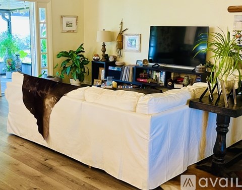 A living room with a white couch and a television on a black stand.