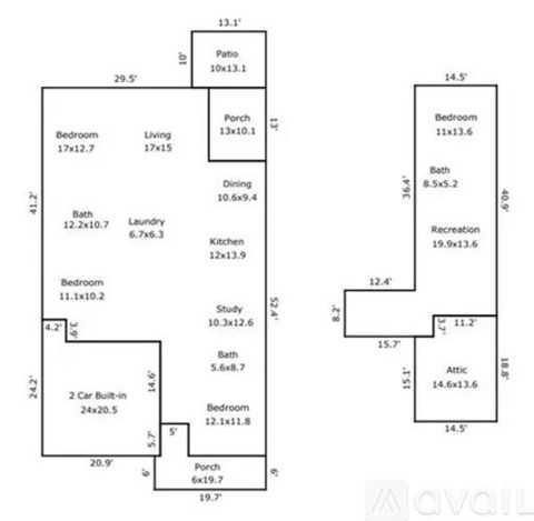 A floor plan of a house with labeled rooms and dimensions.