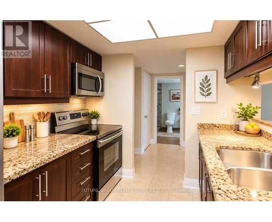 A kitchen with brown cabinets and a stove top oven.