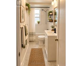 A bathroom with a toilet, sink, and shower.
