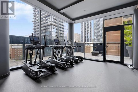 A room with a row of treadmills and a view of the city outside the window.