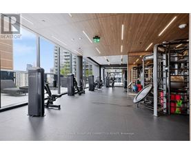 A gym with a variety of equipment including treadmills, weights, and exercise machines.