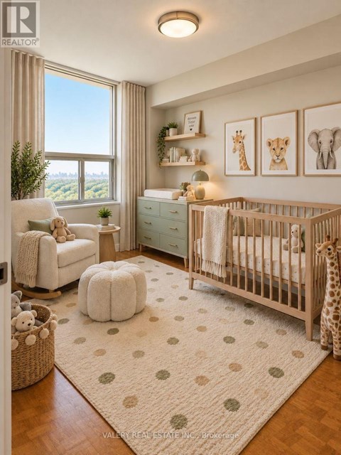 A baby room with a crib, a chair, a potted plant, and pictures on the wall.