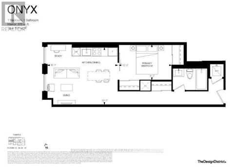 A floor plan for a one bedroom, one bathroom apartment.
