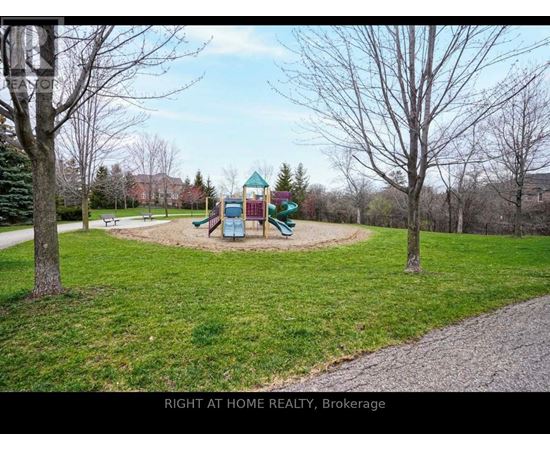 A playground in a park with a slide and a green and red structure.